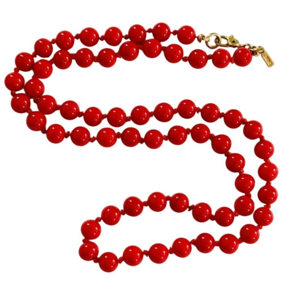 Monet Necklace VTG Collar Bright Red Art Glass Beaded Designer Old Beads Retro